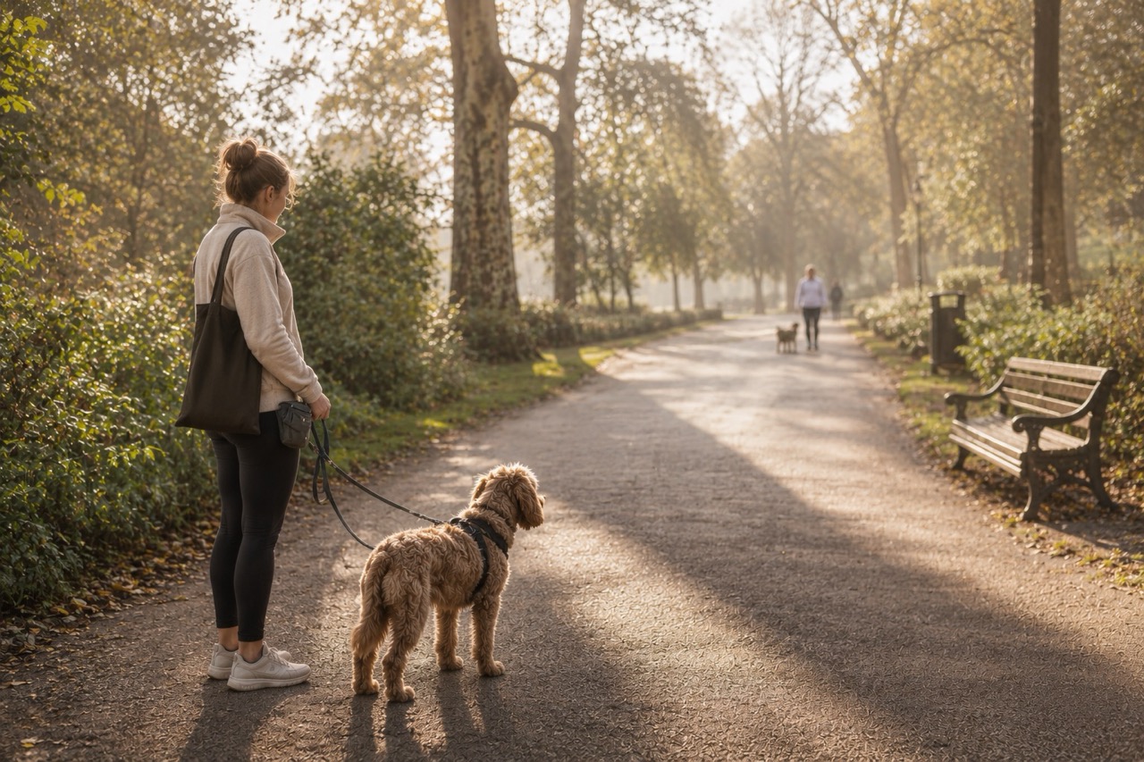 Dog owner calmly managing distance from another dog in a London park