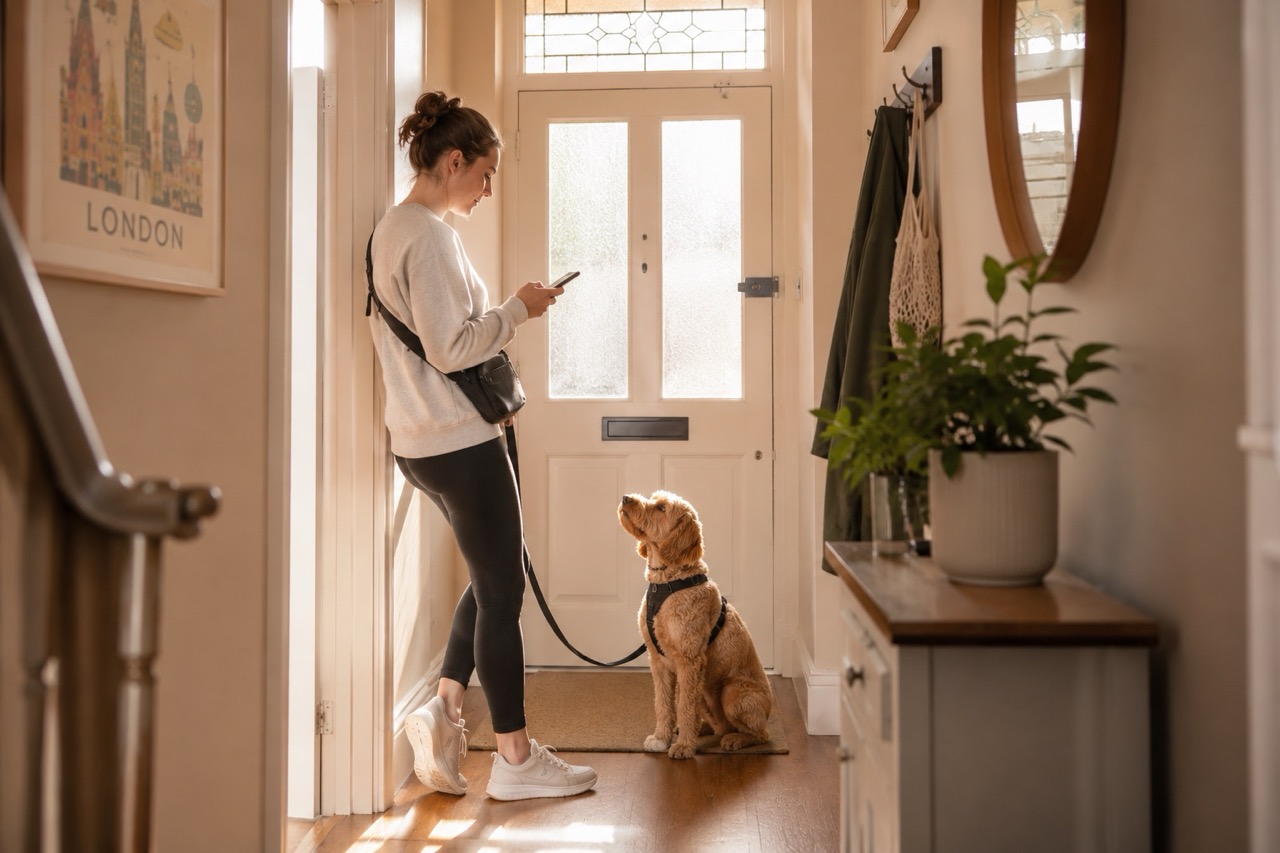 A dog owner checking their phone before a morning walk in a London park