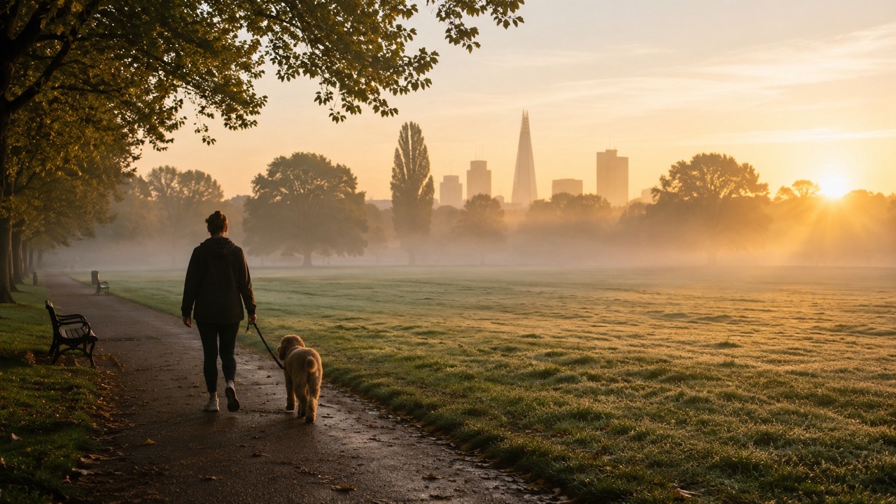 A dog owner walking alone in an empty London park in the early morning mist