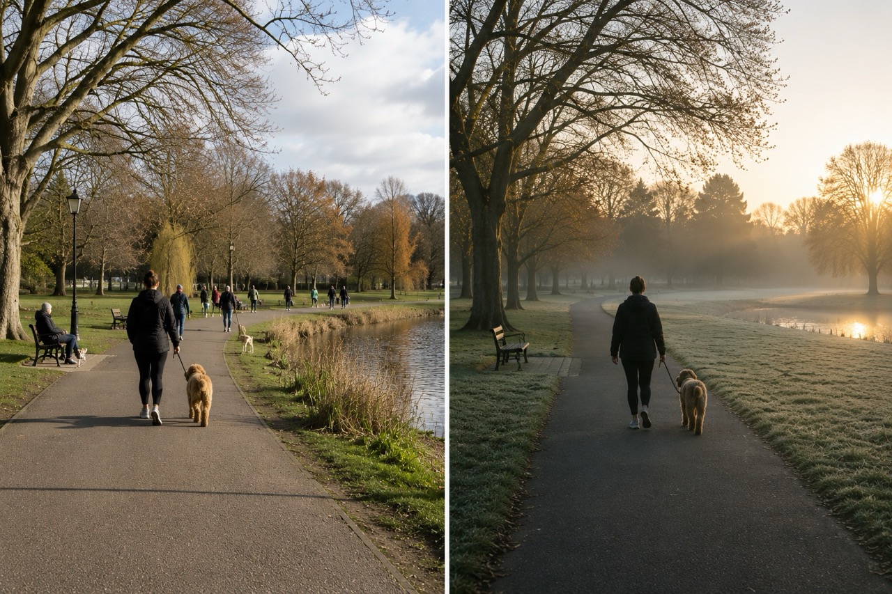 London park at peak hour compared to the same park in the quiet early morning