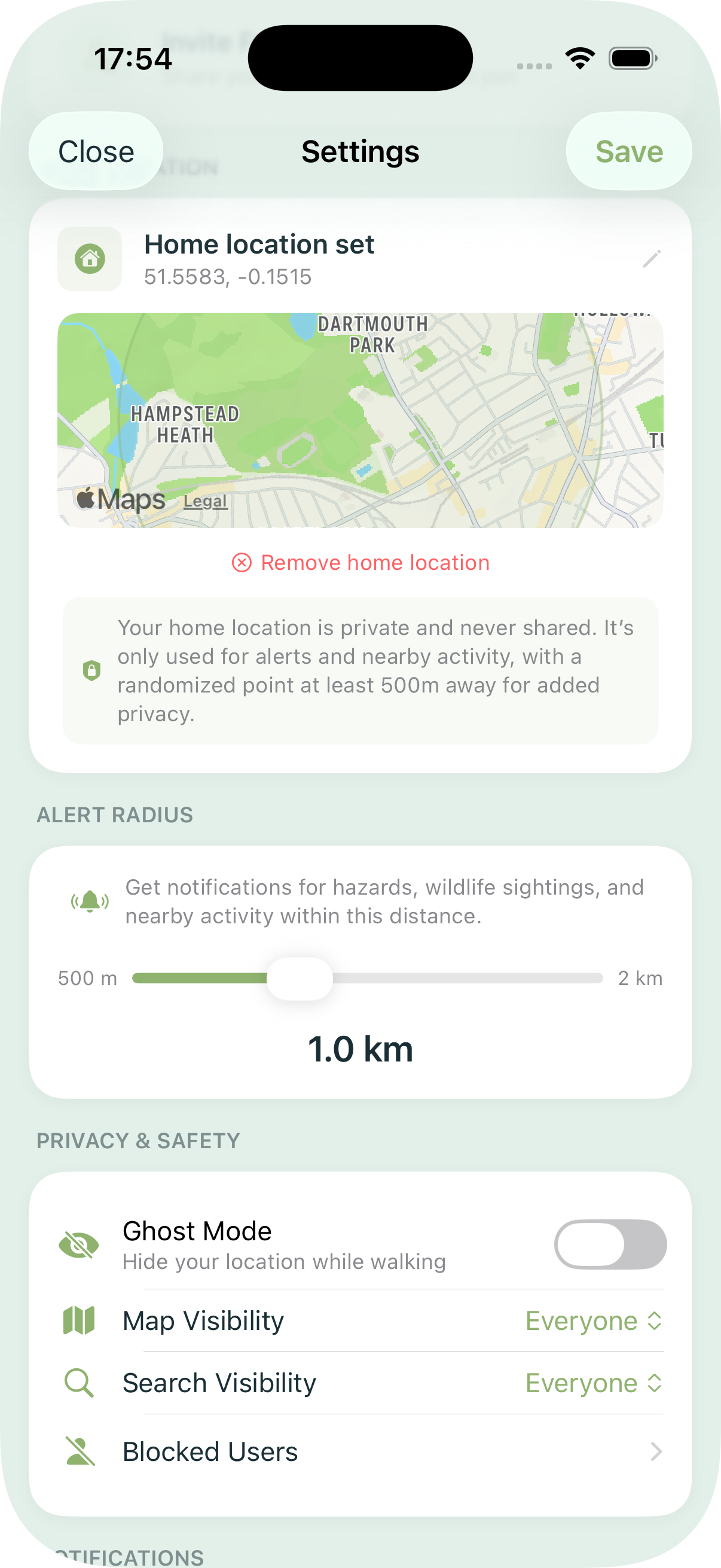 Privacy settings screen
