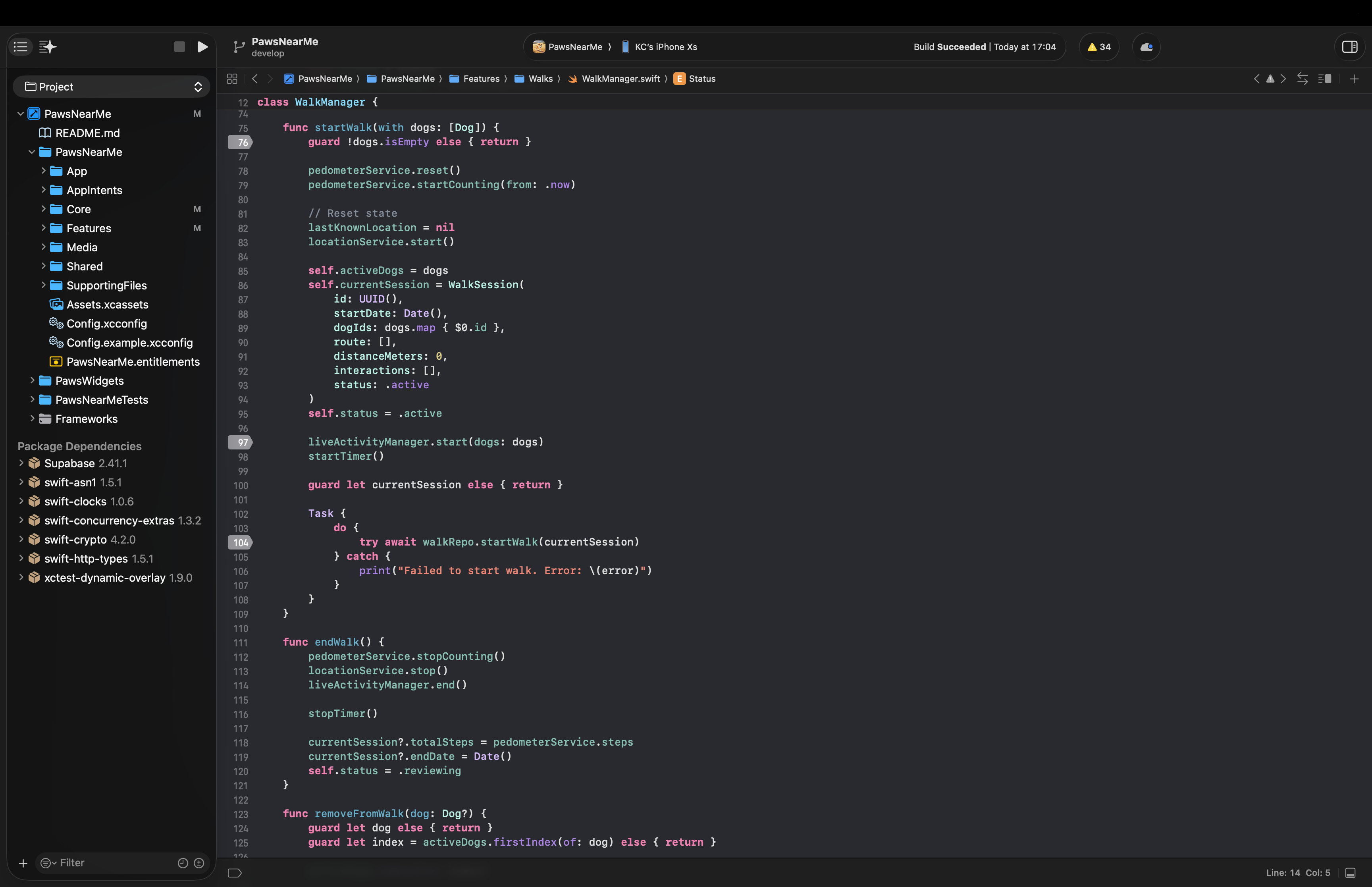 Walk state machine diagram showing idle, active, and reviewing transitions