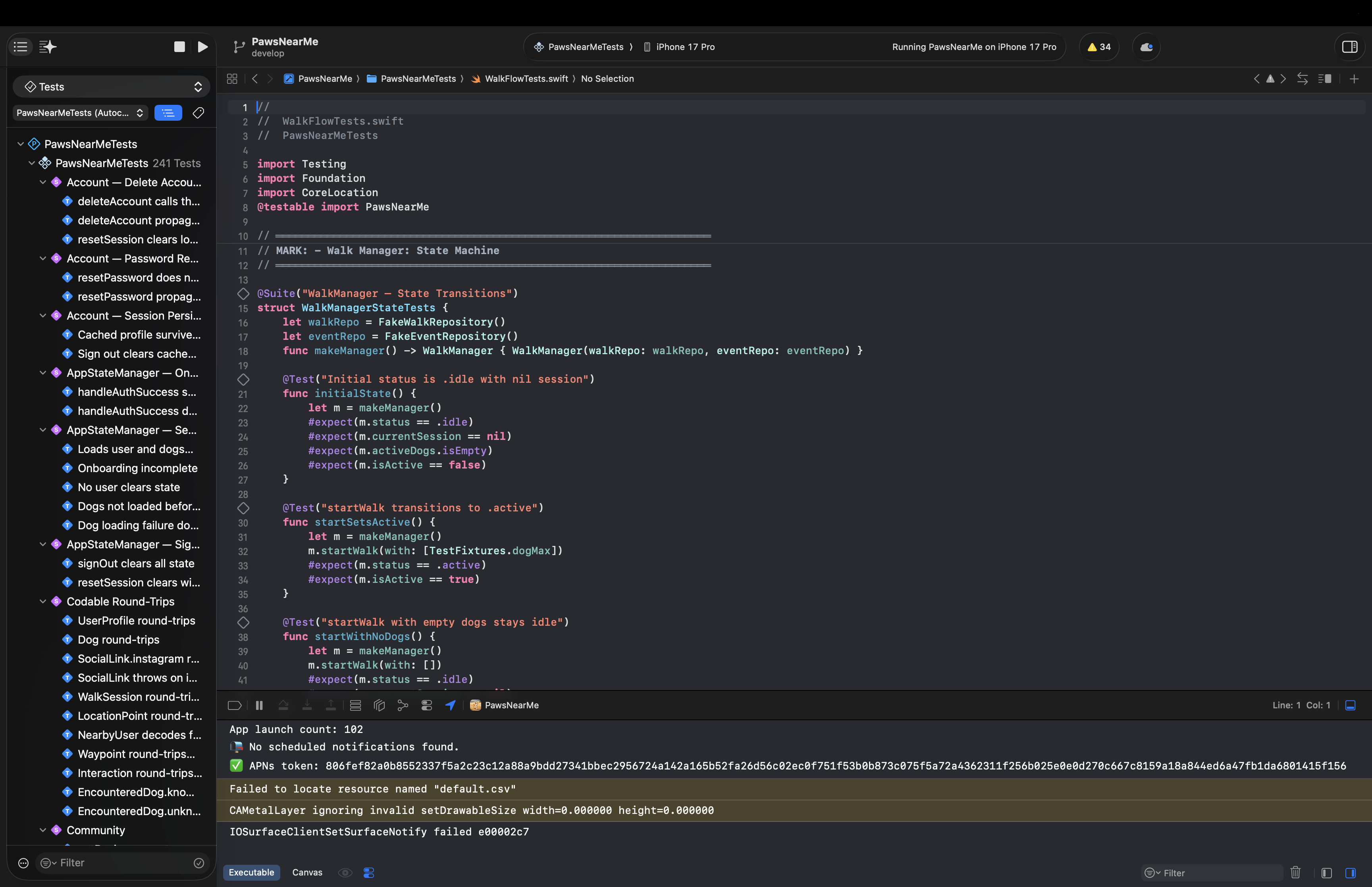 Swift Testing suite showing green test results in Xcode